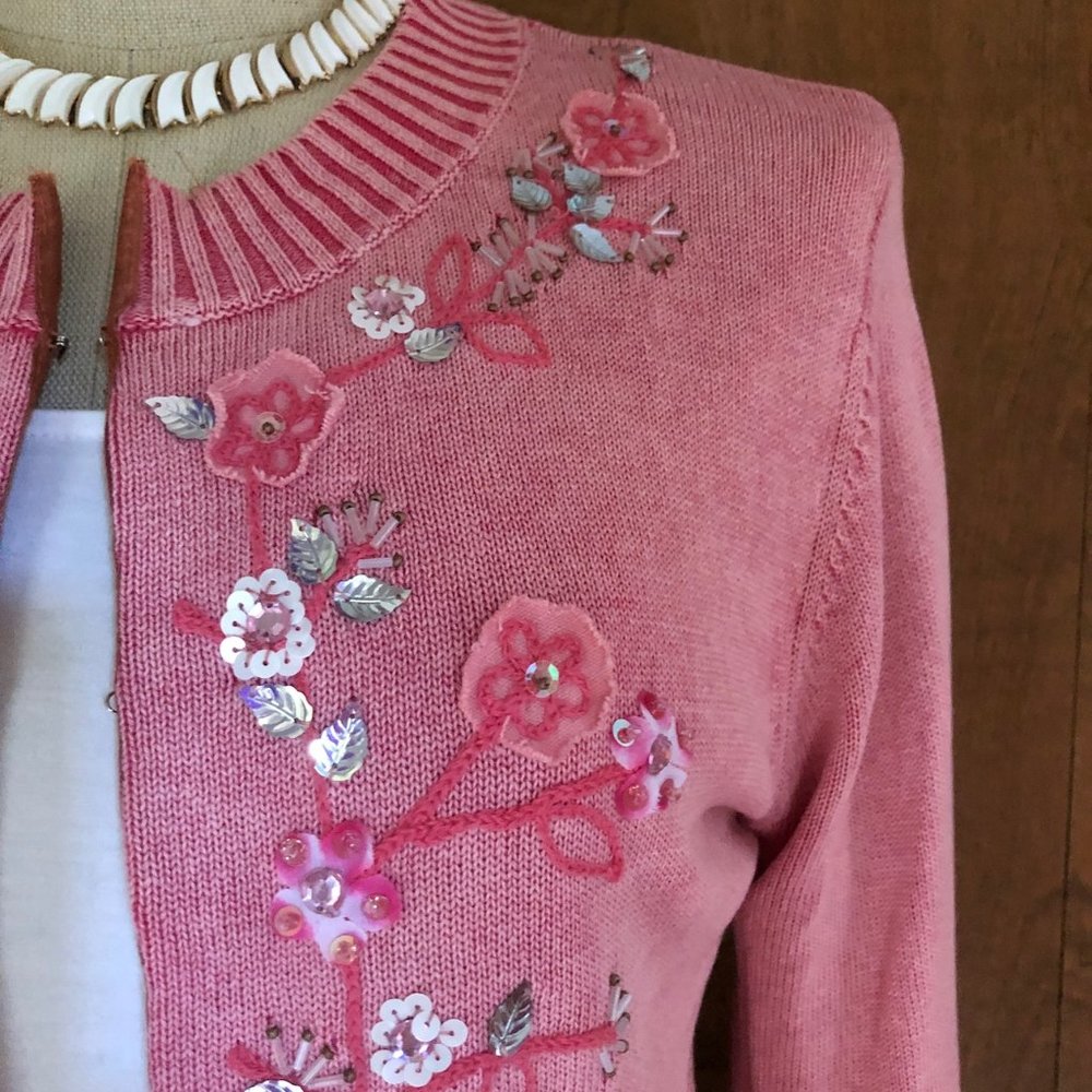 Coral Pink Beaded & Embroidered Bohmean Cotton Sweater - Picture 7 of 15